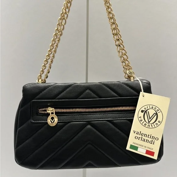 VALENTINO ORLANDI 6”x 11”x3” Black Quilted Bag Monogram Trim and Chain NWT $279 - Picture 2 of 7